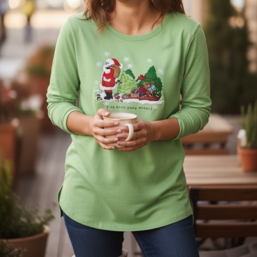 Quacker Factory Womens Green Christmas Long Sleeve Scoop Neck Medium